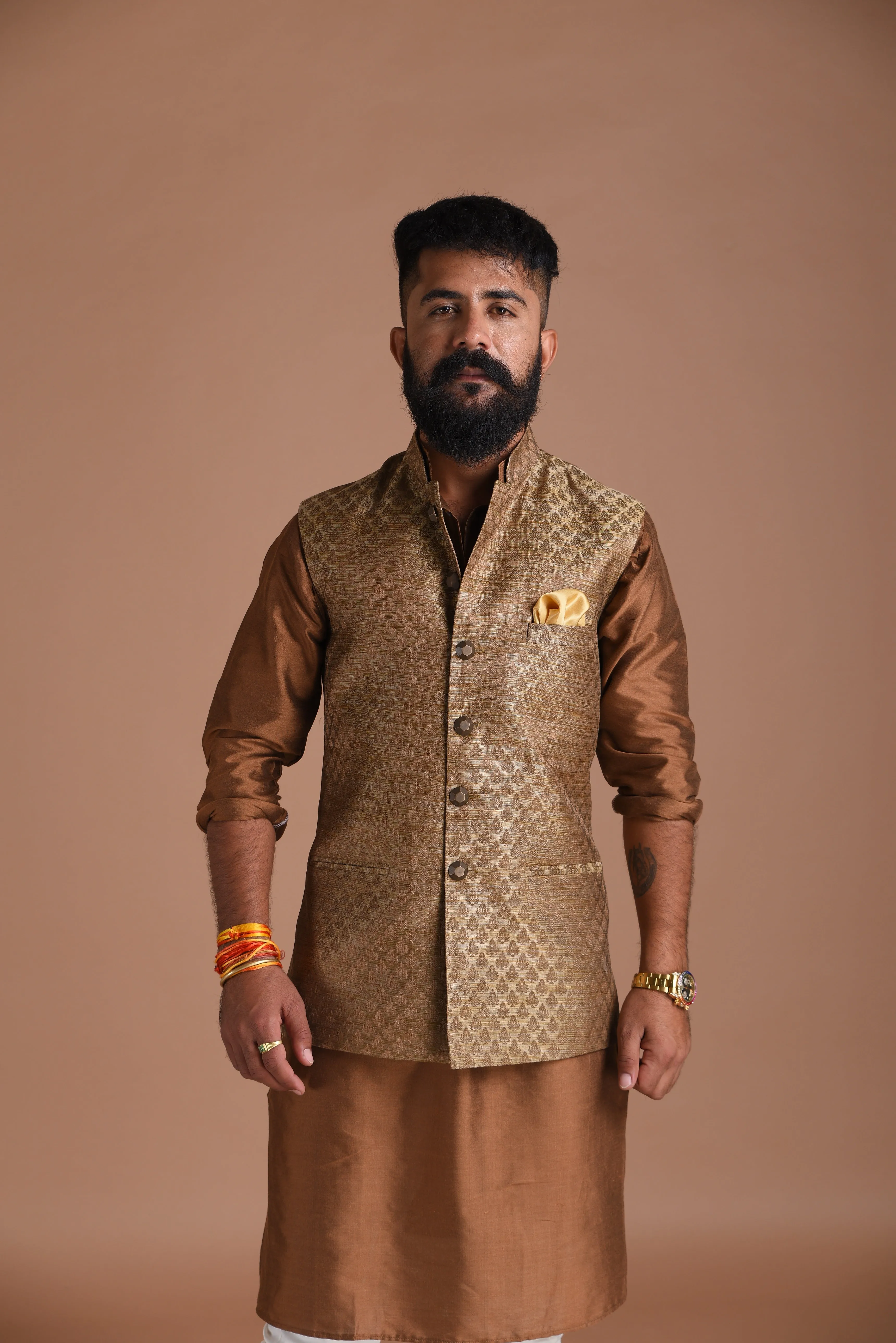 Jaipuri Booti Pattern Brown Half Jodhpuri Jacket with Kurta Pajama Set