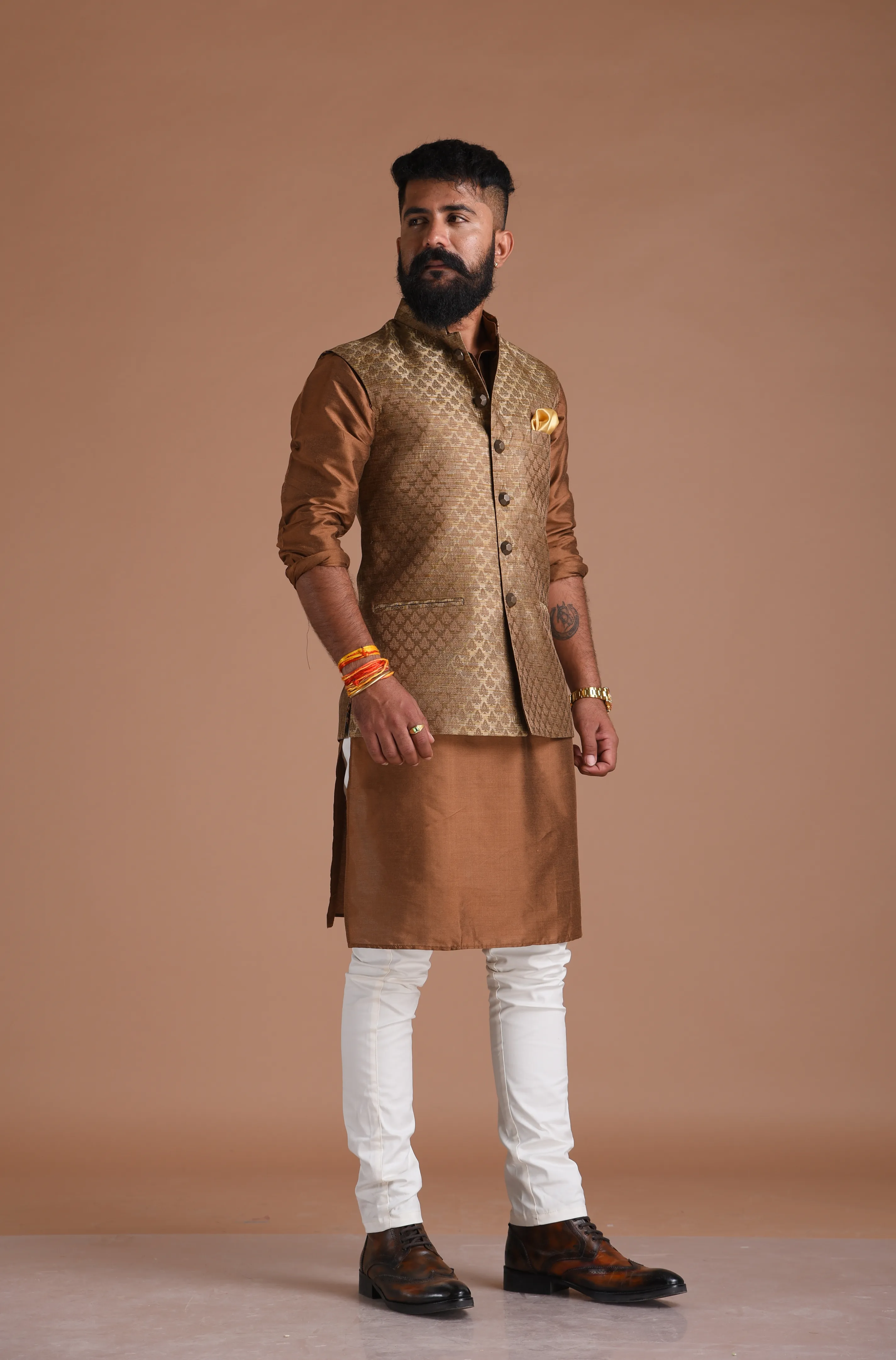 Jaipuri Booti Pattern Brown Half Jodhpuri Jacket with Kurta Pajama Set