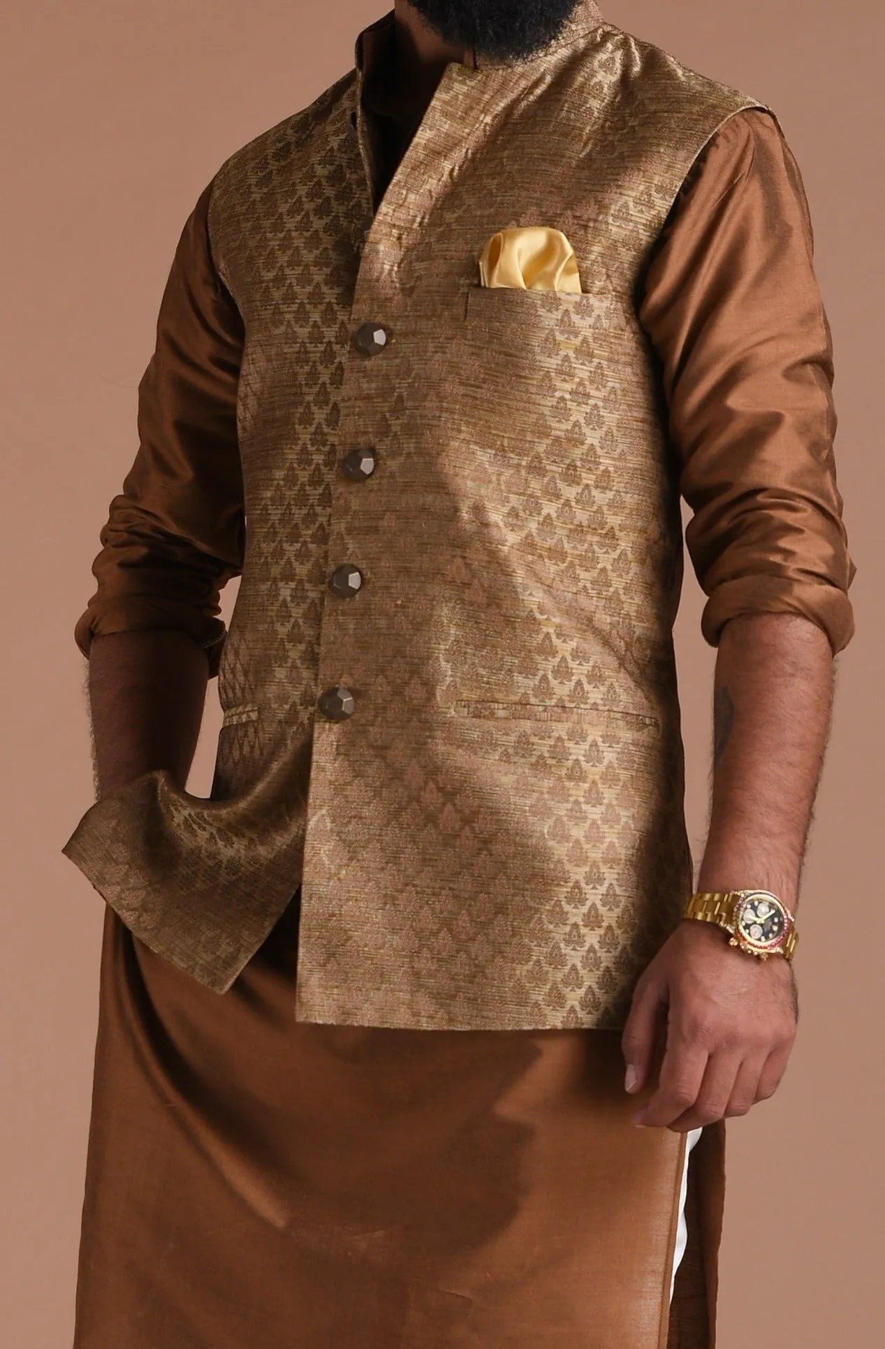 Jaipuri Booti Pattern Brown Half Jodhpuri Jacket with Kurta Pajama Set