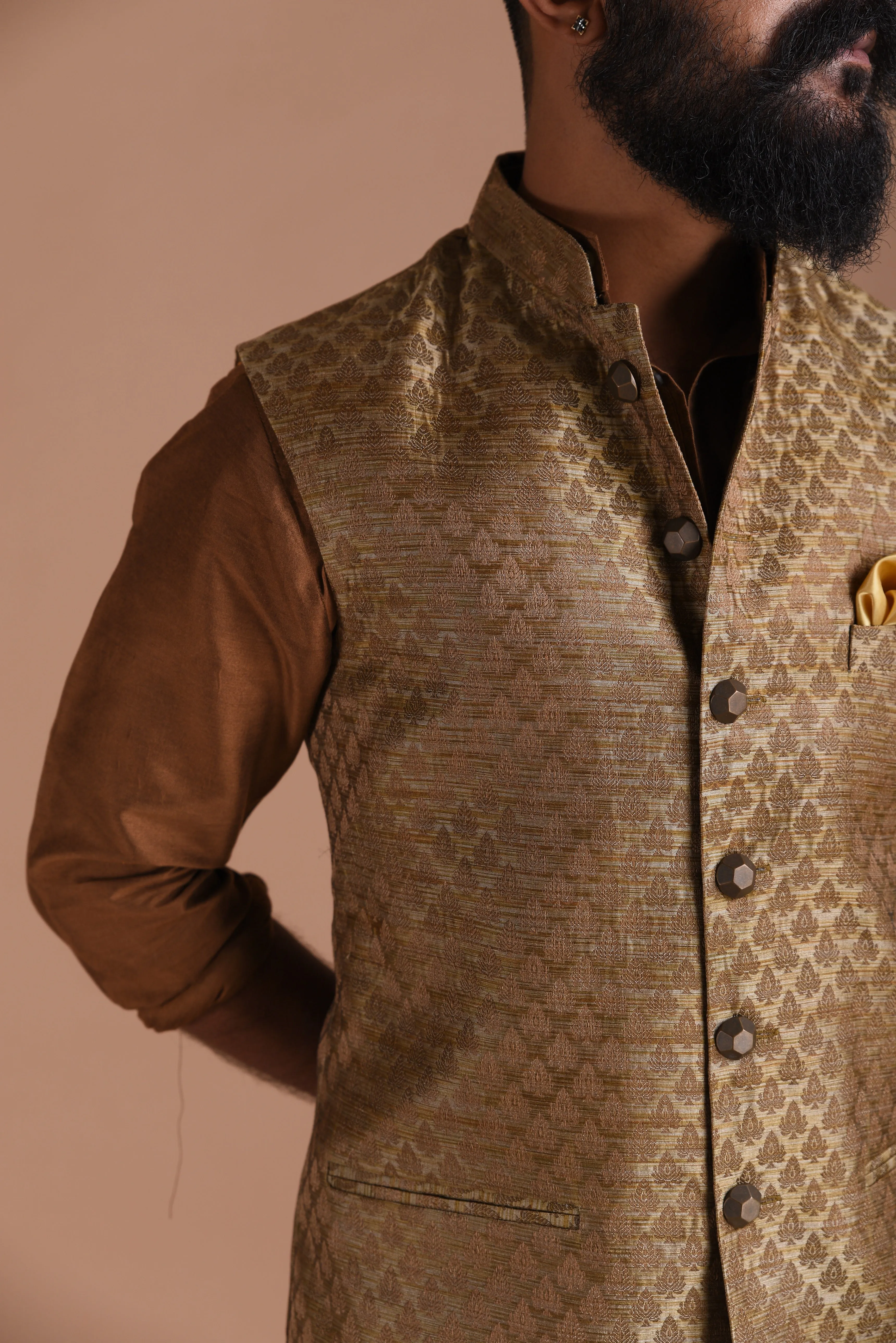 Jaipuri Booti Pattern Brown Half Jodhpuri Jacket with Kurta Pajama Set