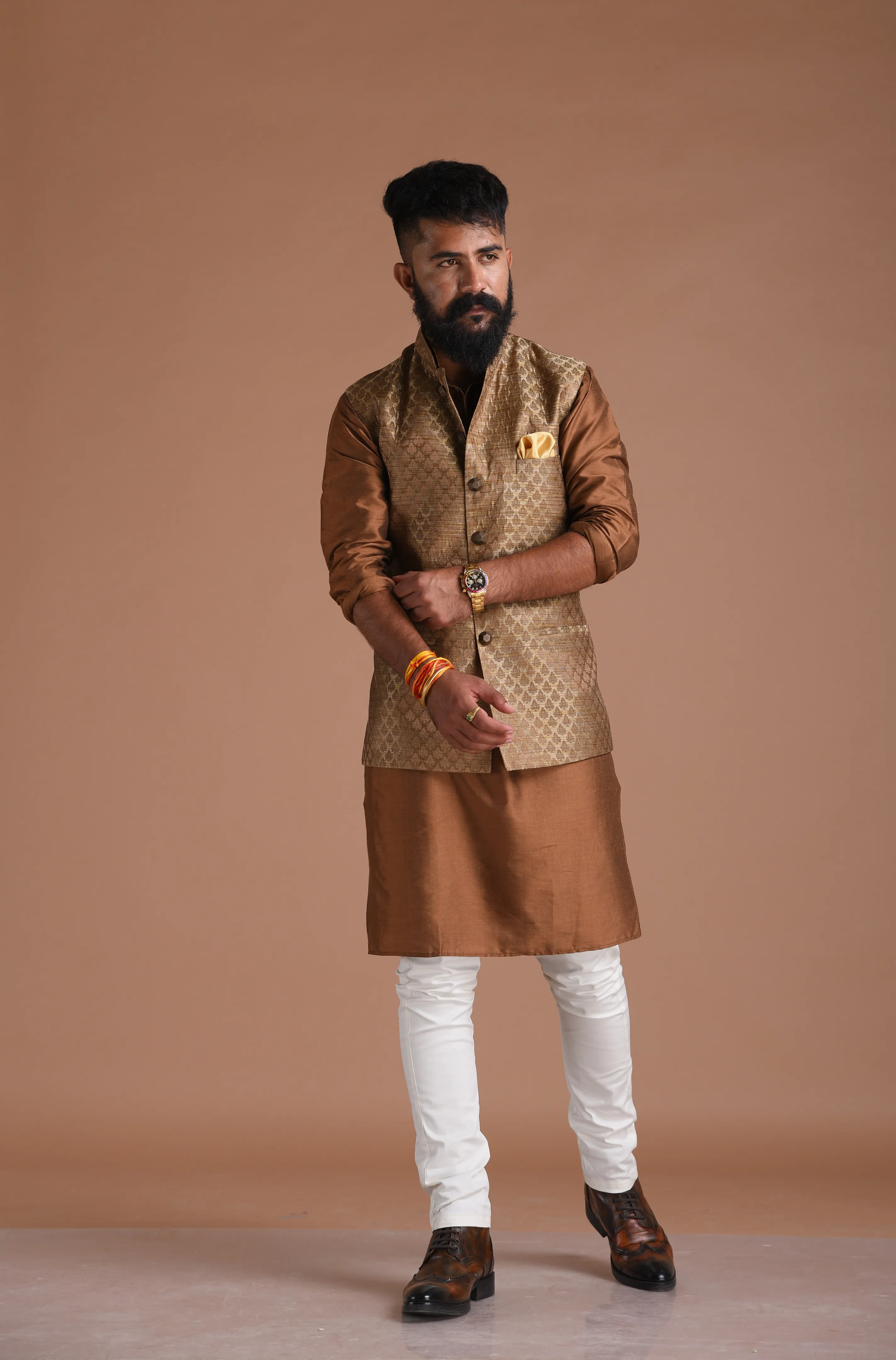 Jaipuri Booti Pattern Brown Half Jodhpuri Jacket with Kurta Pajama Set