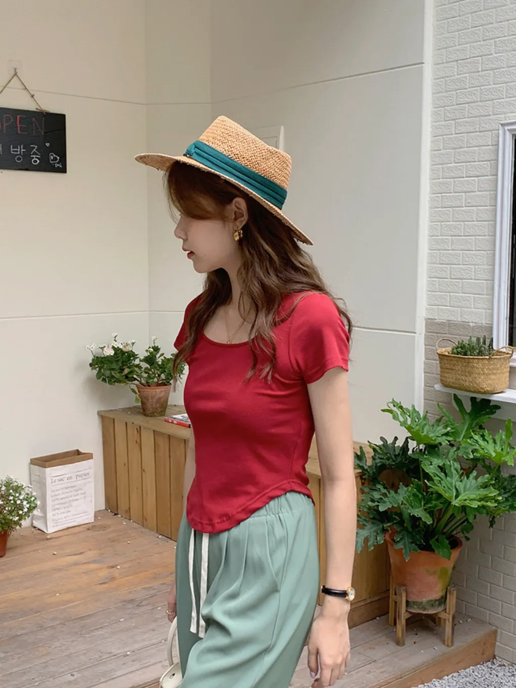 [Korean Style] 5 Colors U-neck Cap Sleeve Cropped Top