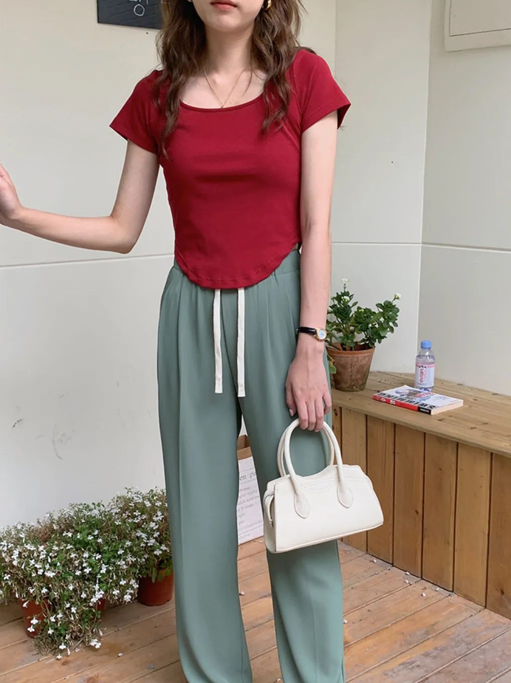 [Korean Style] 5 Colors U-neck Cap Sleeve Cropped Top