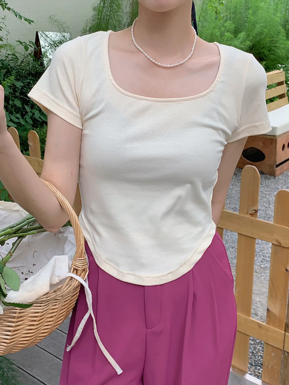 [Korean Style] 5 Colors U-neck Cap Sleeve Cropped Top