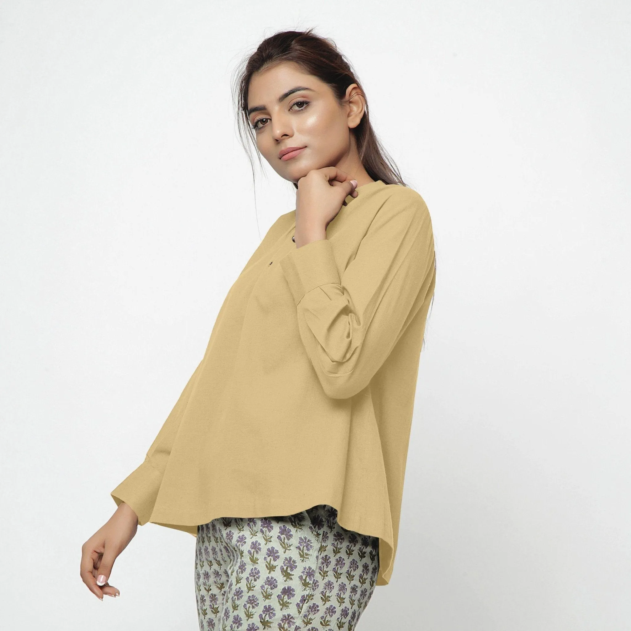 Light Khaki Cotton Flax Mandarin Collar Top