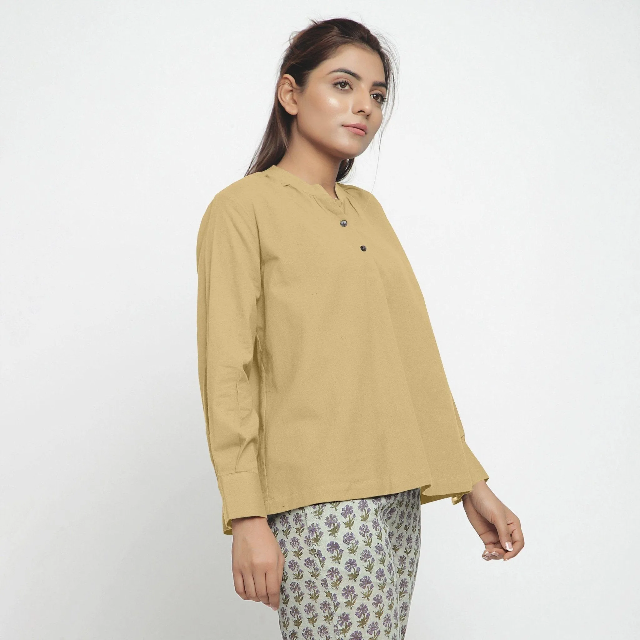 Light Khaki Cotton Flax Mandarin Collar Top