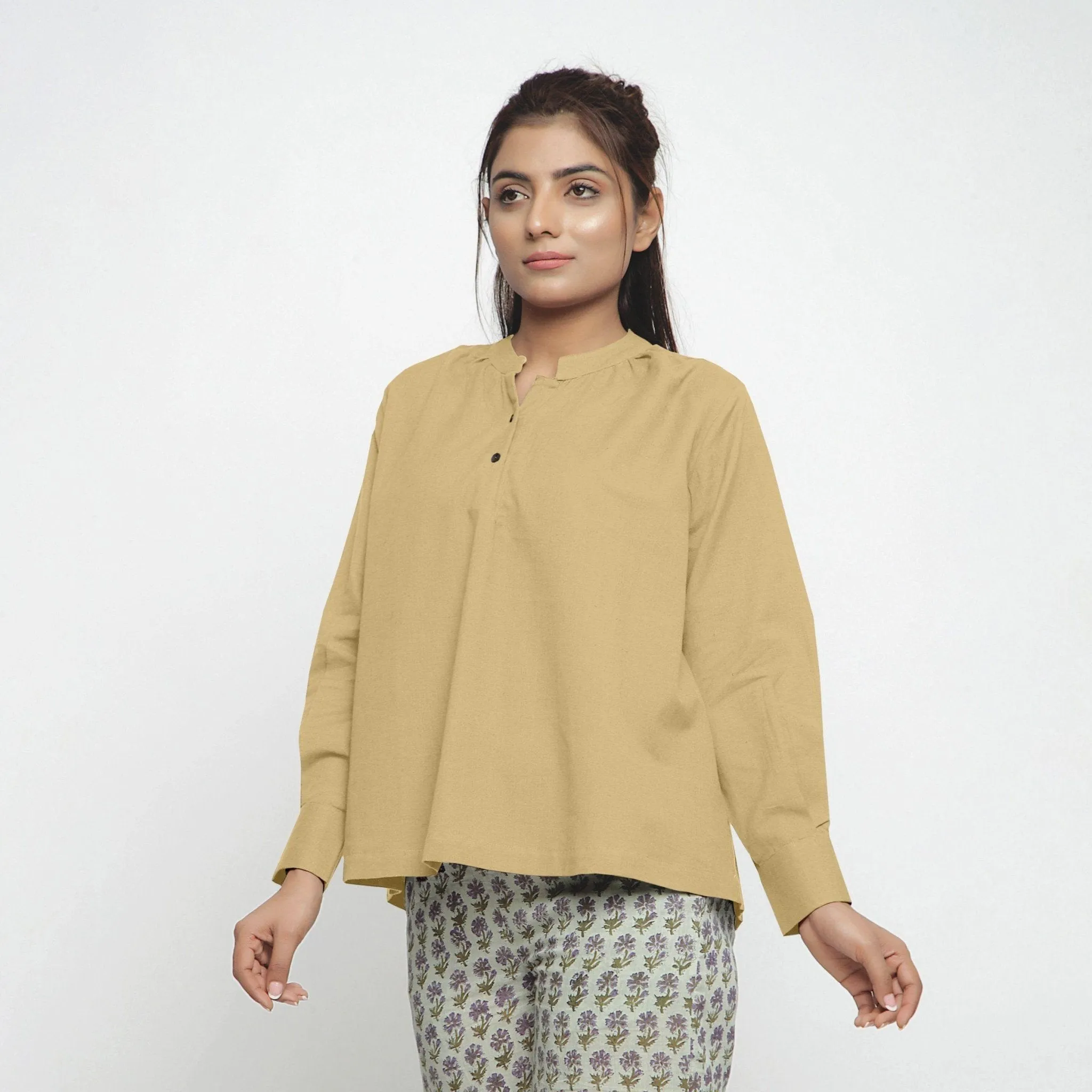 Light Khaki Cotton Flax Mandarin Collar Top