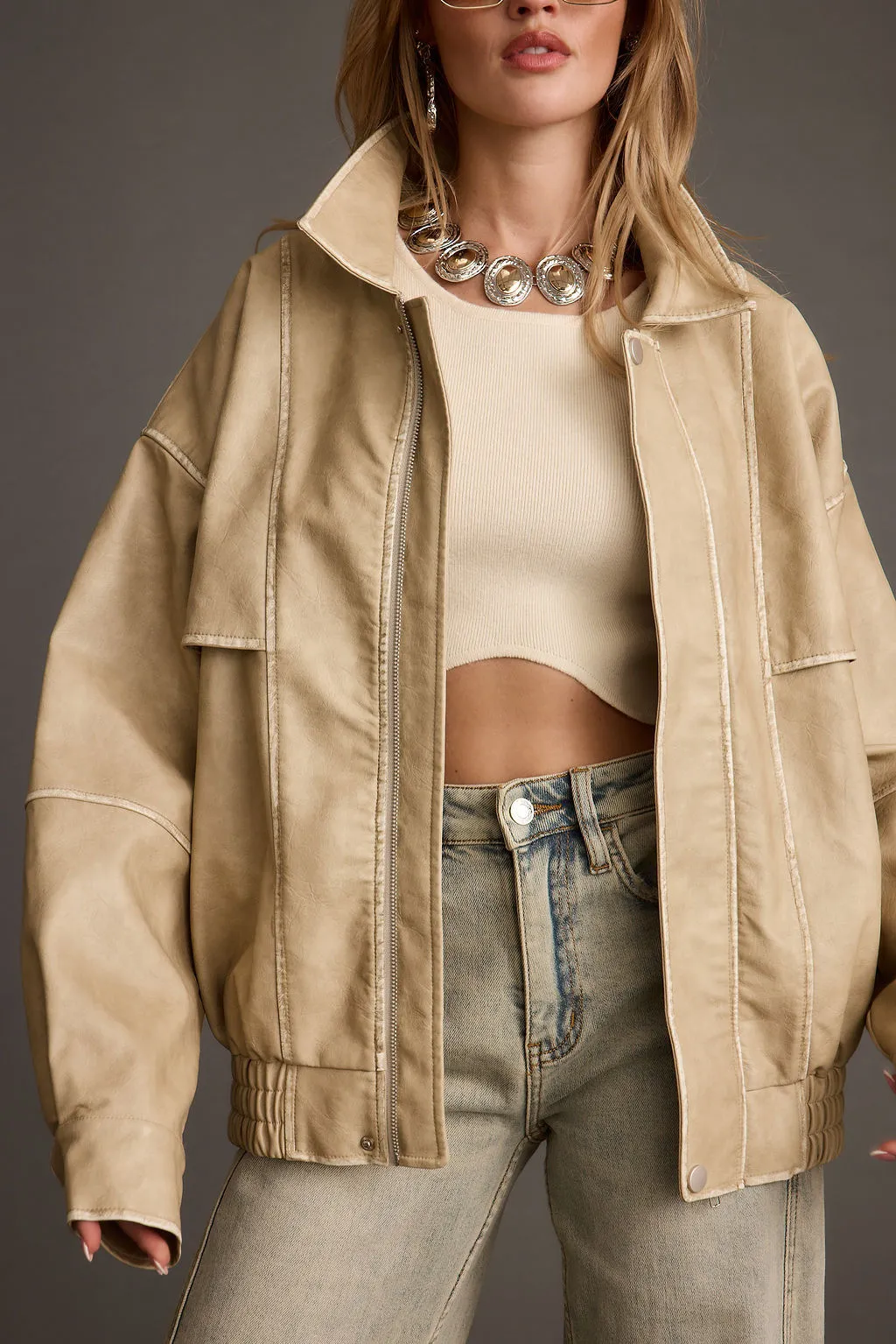 London Calling Light Taupe Oversized Faux Leather Jacket