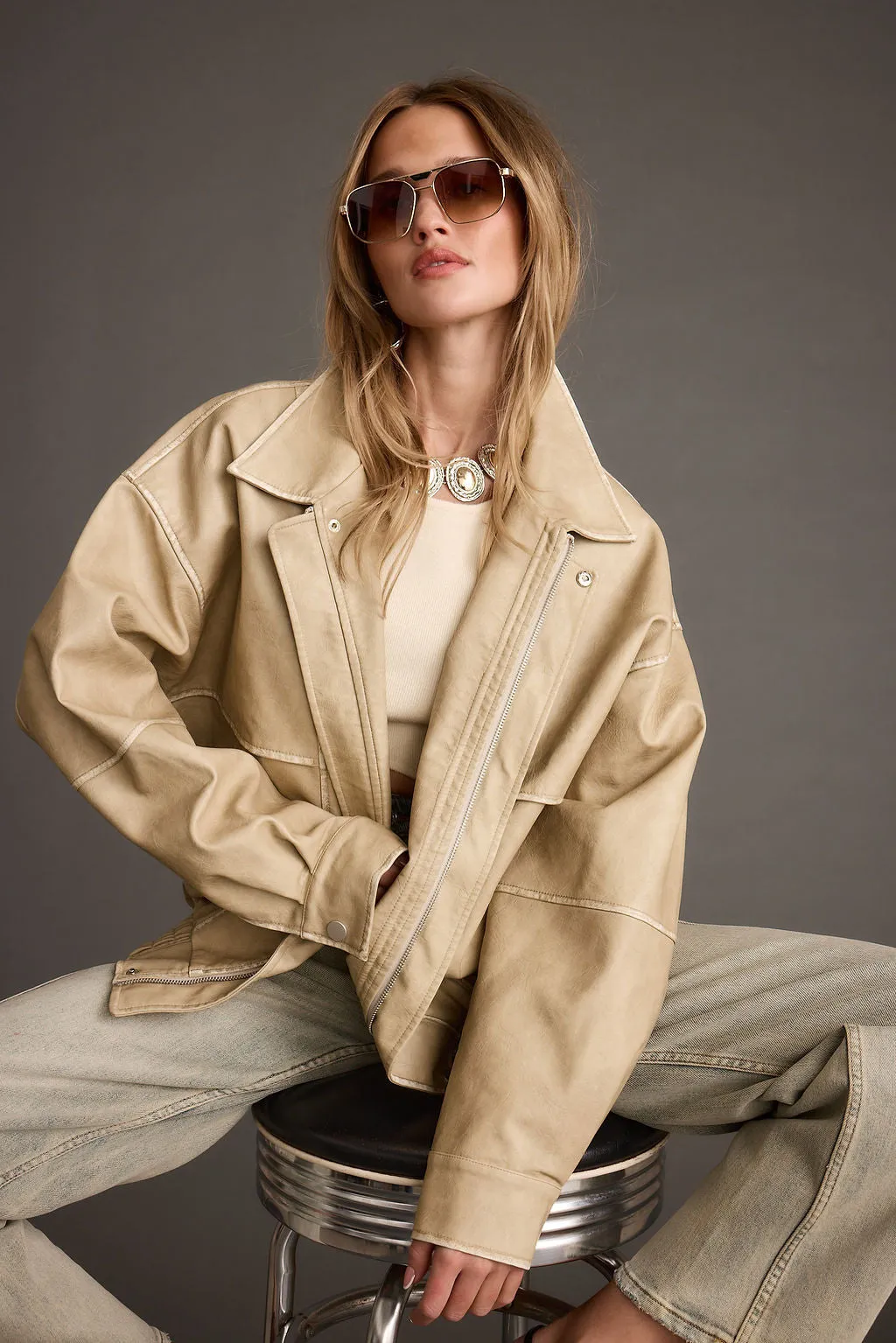 London Calling Light Taupe Oversized Faux Leather Jacket