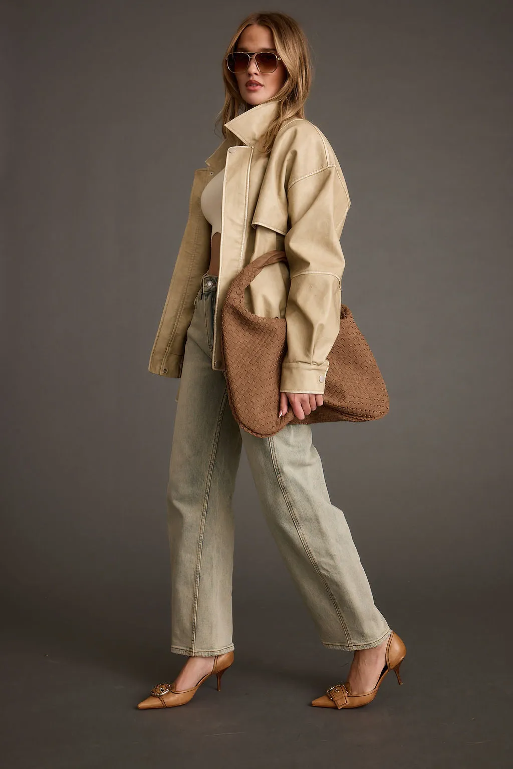 London Calling Light Taupe Oversized Faux Leather Jacket