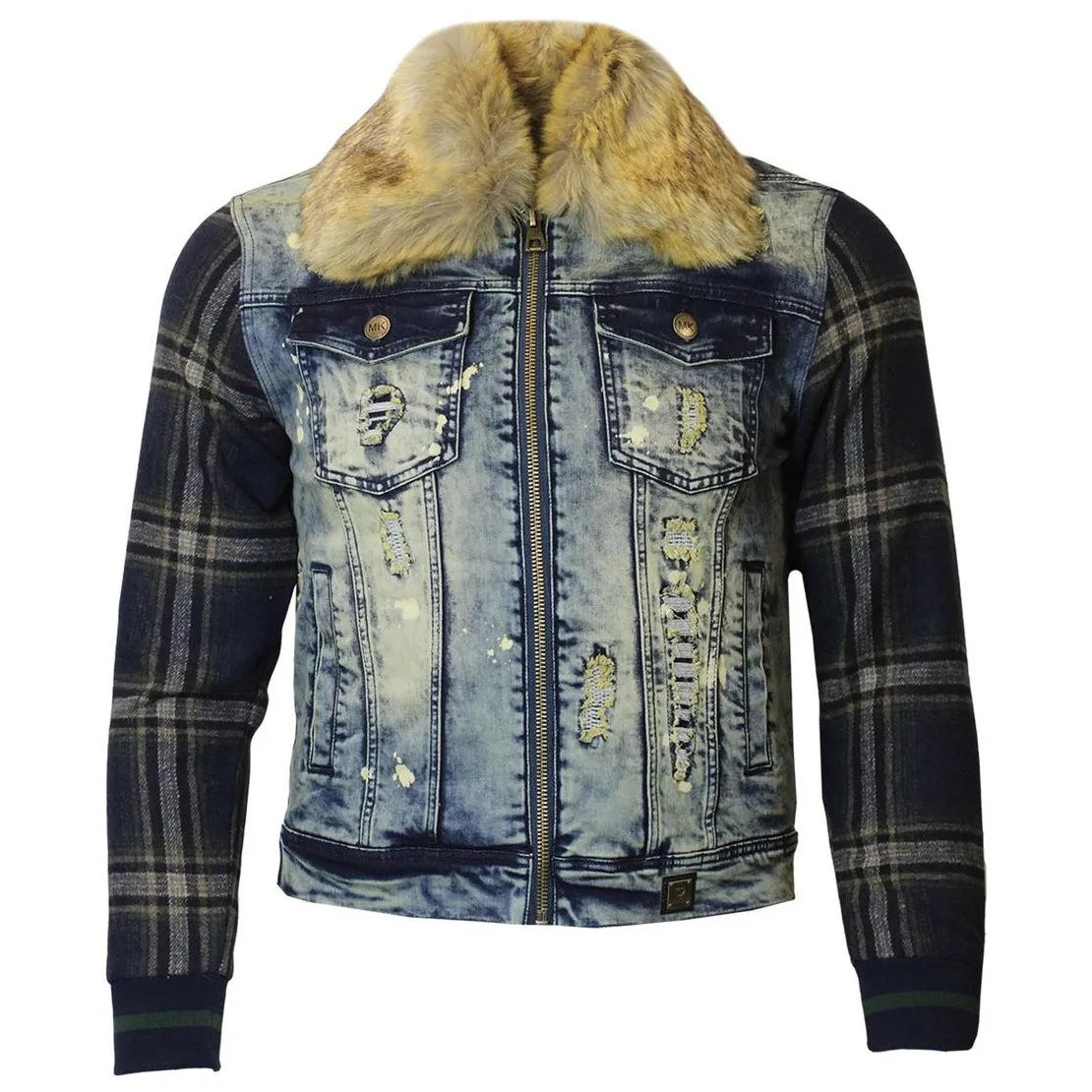 M1068 Makobi Denim And Plaid Biker Jacket - Dirt Wash/Navy