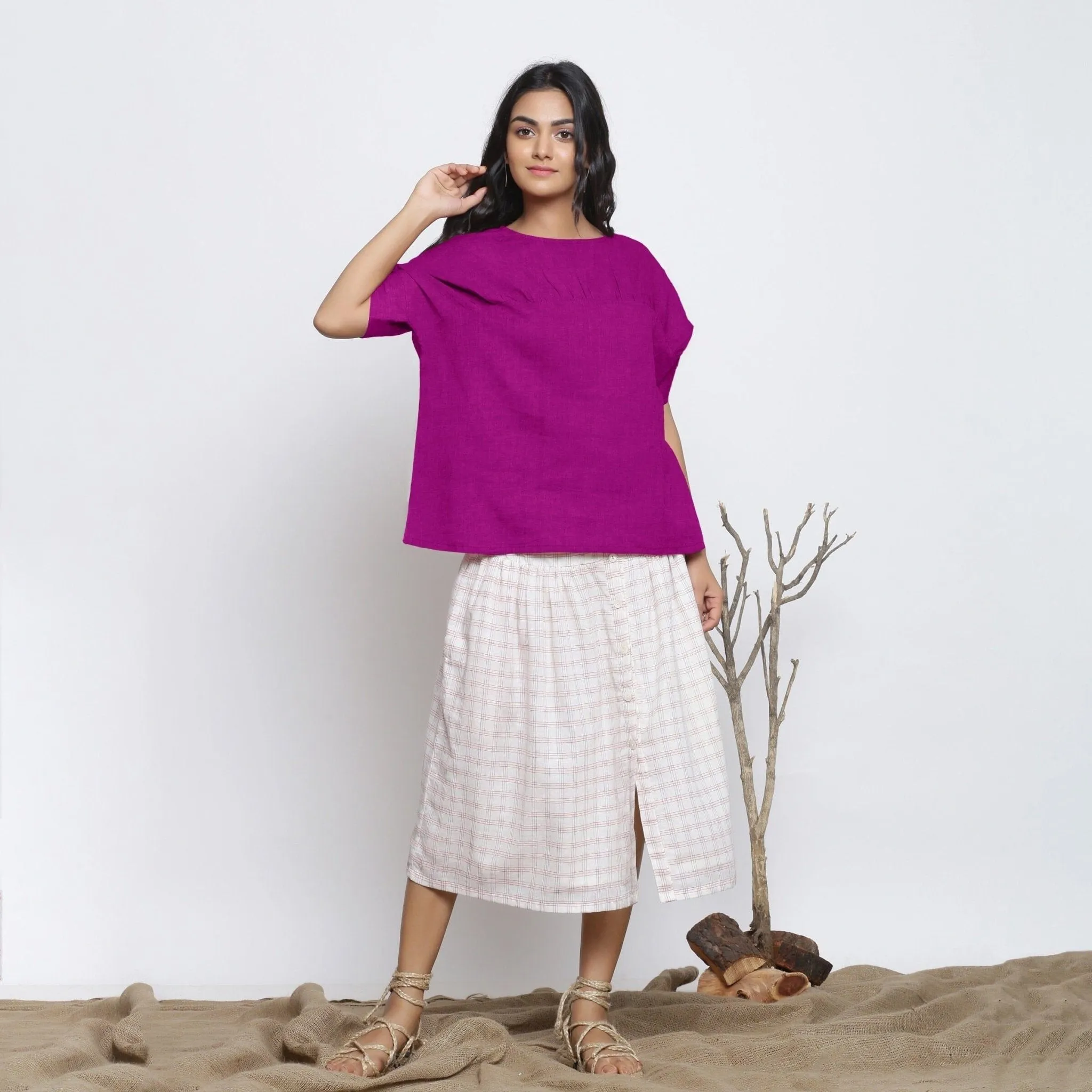 Magenta Cotton Linen Drop Shoulder Sleeves Yoked Top