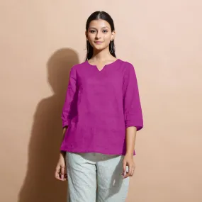 Magenta Cotton Linen Split-Neck Tunic Top