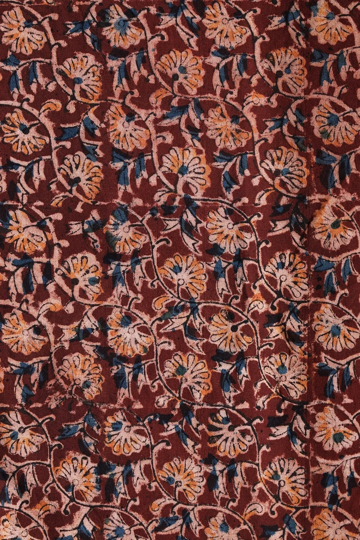 Maroon And Light Beige Floral Pattern Handblock Kalamkari Organic Cotton Fabric