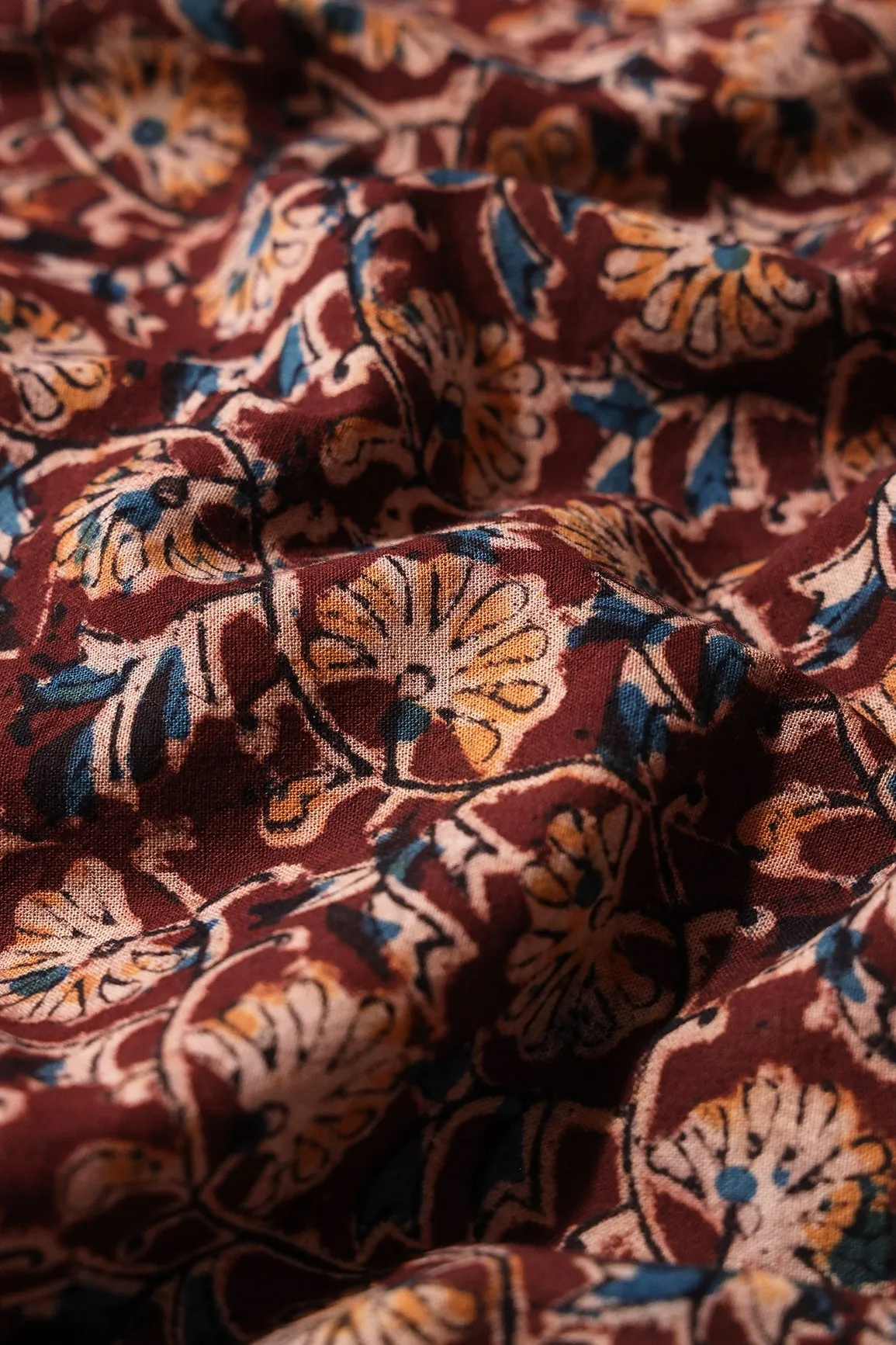 Maroon And Light Beige Floral Pattern Handblock Kalamkari Organic Cotton Fabric