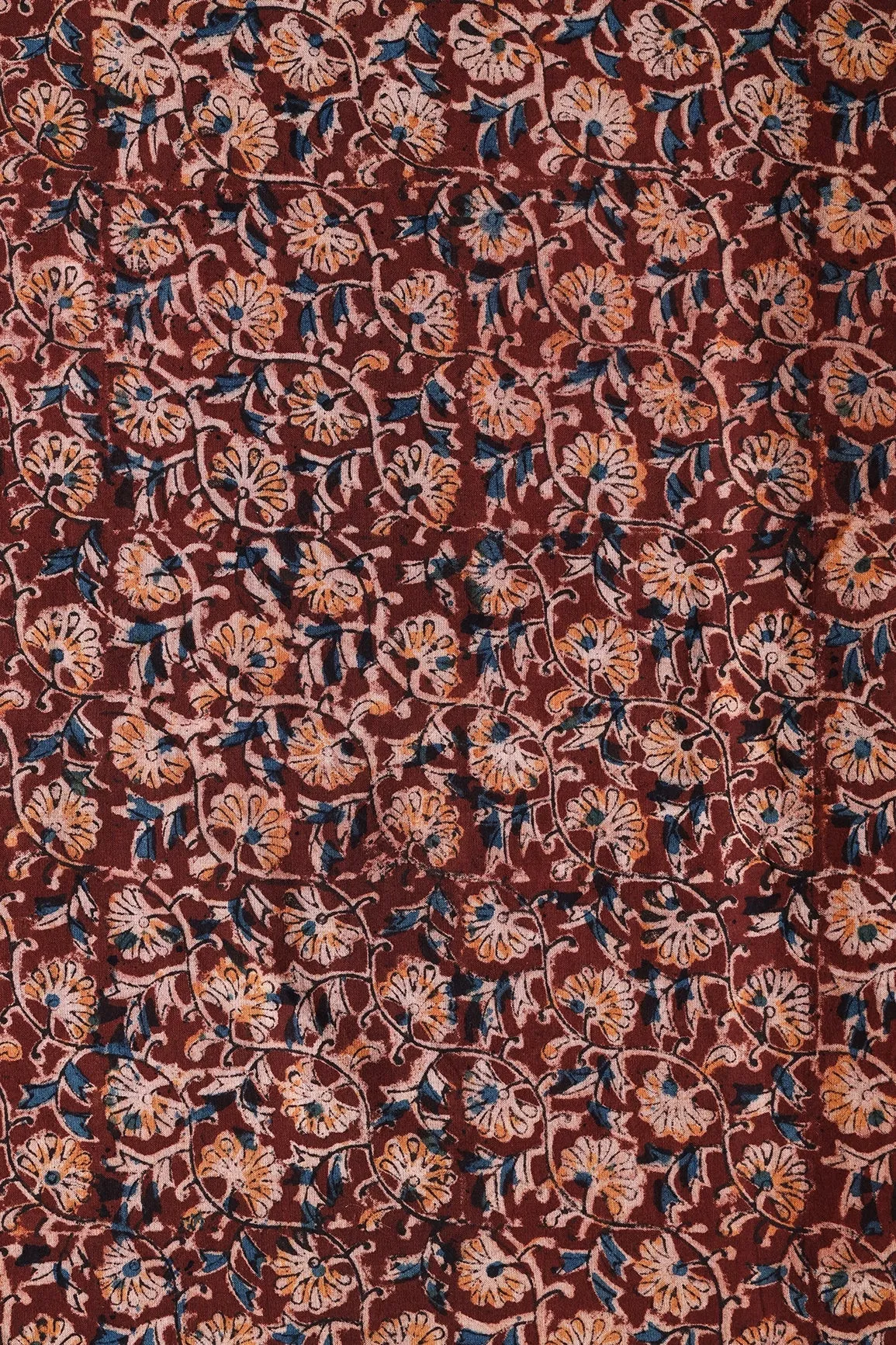 Maroon And Light Beige Floral Pattern Handblock Kalamkari Organic Cotton Fabric