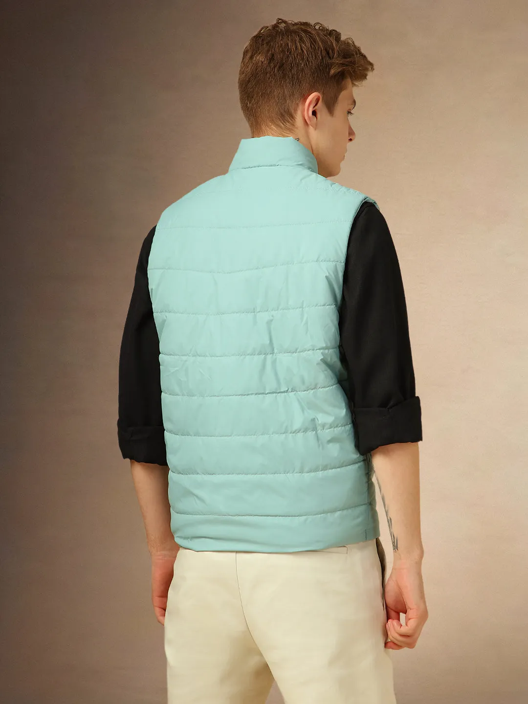 Men's Light Blue Solid Mock Collar Sleeveless Jacket