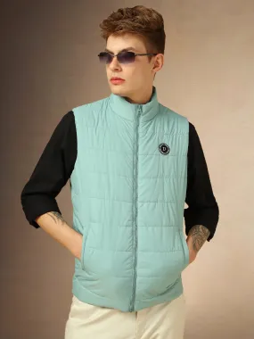 Men's Light Blue Solid Mock Collar Sleeveless Jacket