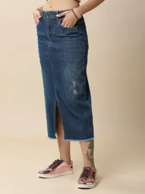 MID BLUE WASH DENIM 5 POCKET FRONT SLIT SKIRT