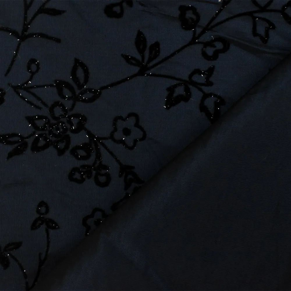 Midnight Blue-Black-Silver Floral Velvet Flock Printed Taffeta Woven Fabric