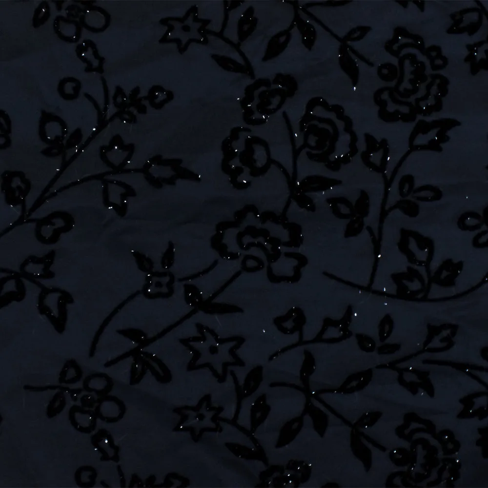 Midnight Blue-Black-Silver Floral Velvet Flock Printed Taffeta Woven Fabric