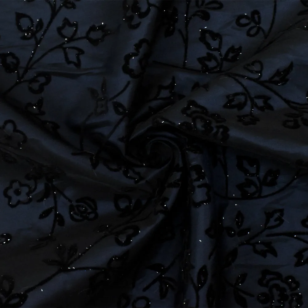 Midnight Blue-Black-Silver Floral Velvet Flock Printed Taffeta Woven Fabric