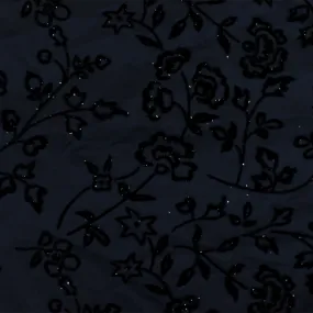 Midnight Blue-Black-Silver Floral Velvet Flock Printed Taffeta Woven Fabric