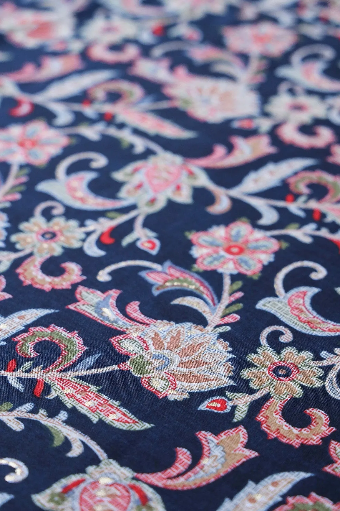 Multi Color Floral Pattern With Foil Print On Navy Blue Pure Rayon Fabric