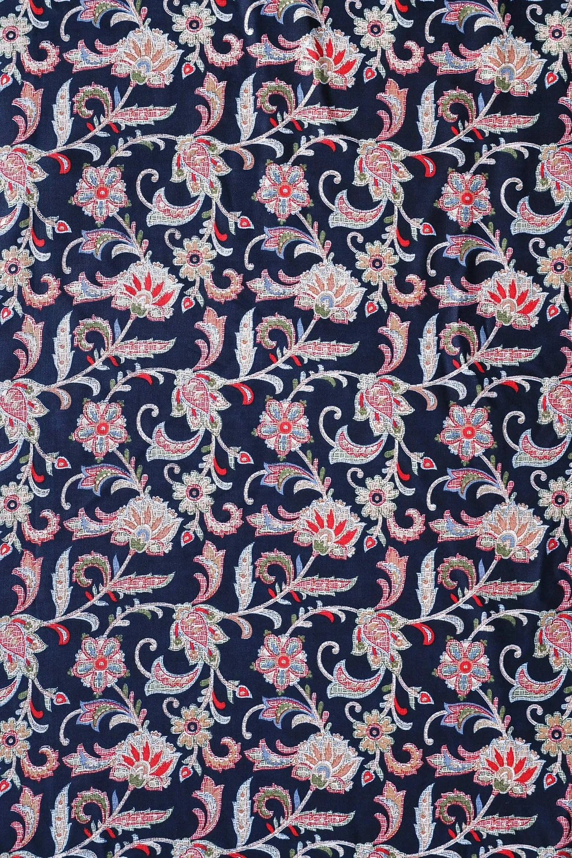 Multi Color Floral Pattern With Foil Print On Navy Blue Pure Rayon Fabric