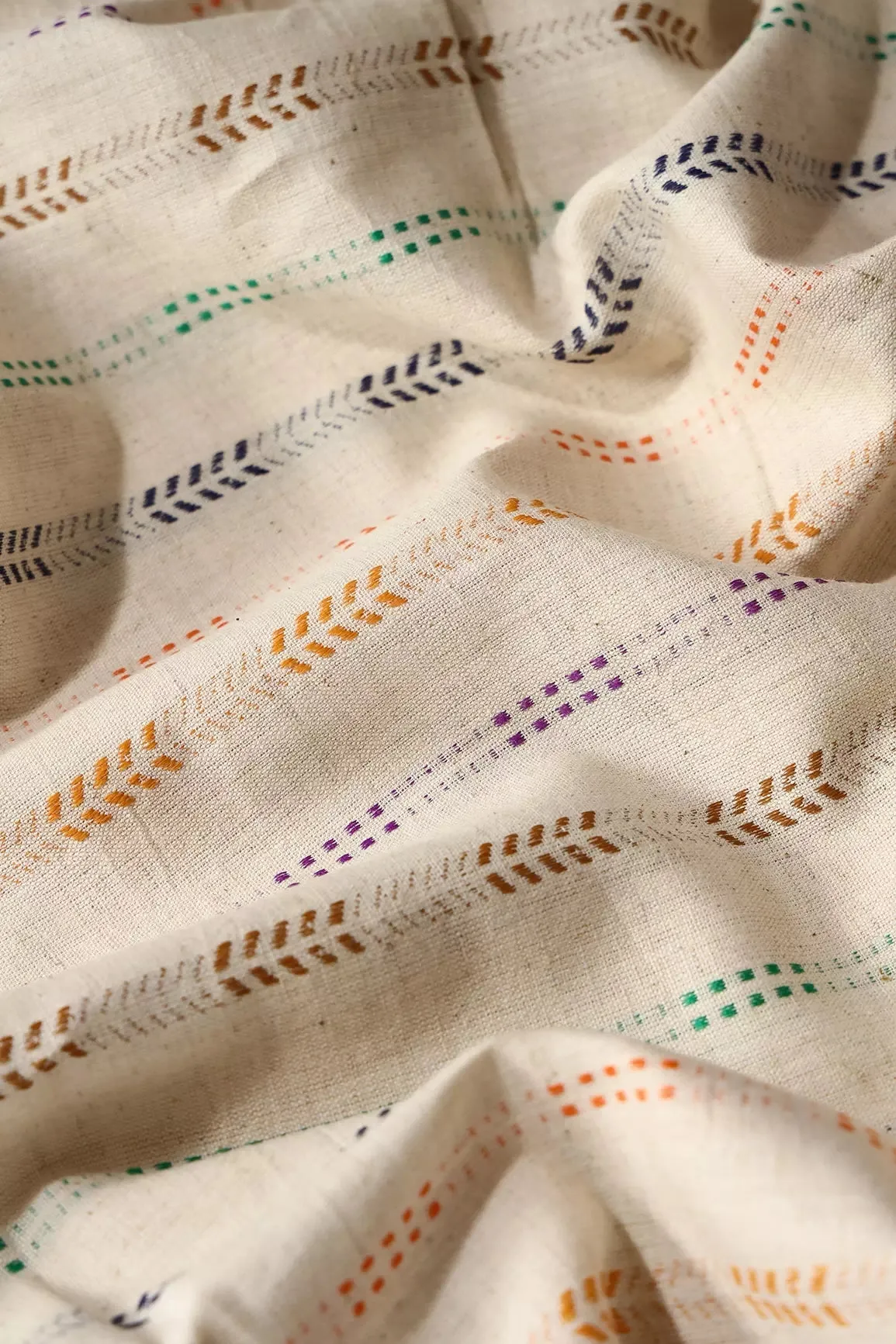 Multi Color Stripes Pattern On Off White Handwoven Organic Flex Cotton Fabric