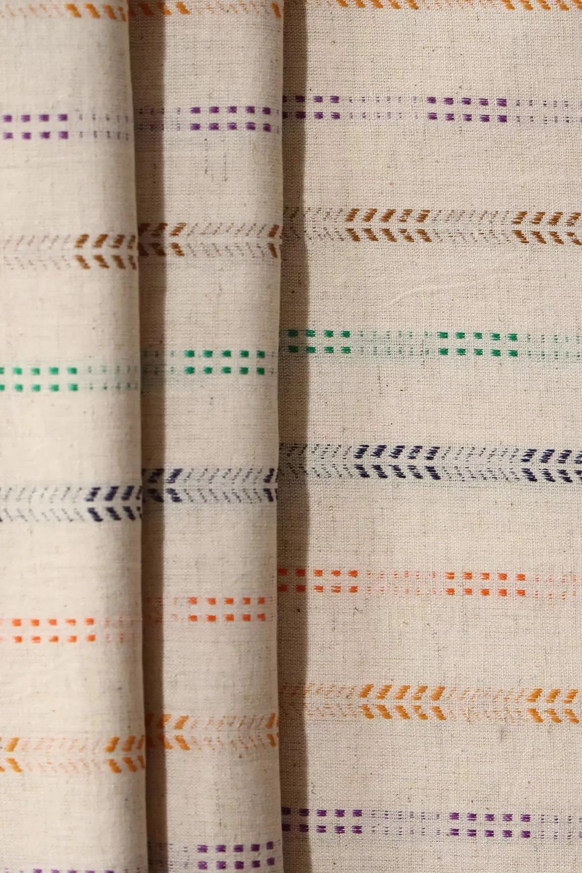 Multi Color Stripes Pattern On Off White Handwoven Organic Flex Cotton Fabric