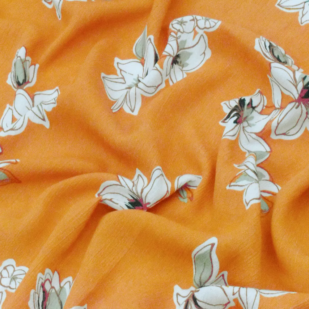 Mustard Yellow-White-Multi Floral Printed Rayon Crepon Woven Fabric