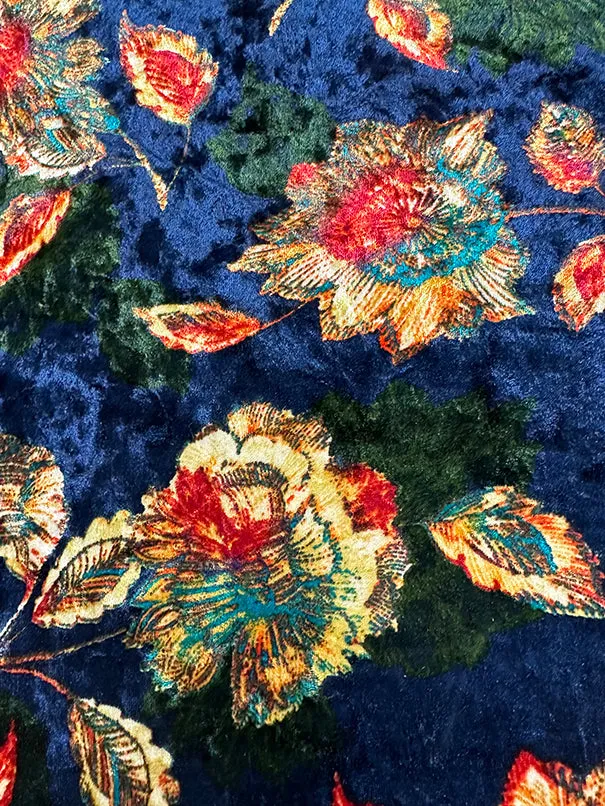 Navy Blue Floral Crushed Velvet Knit Fabric