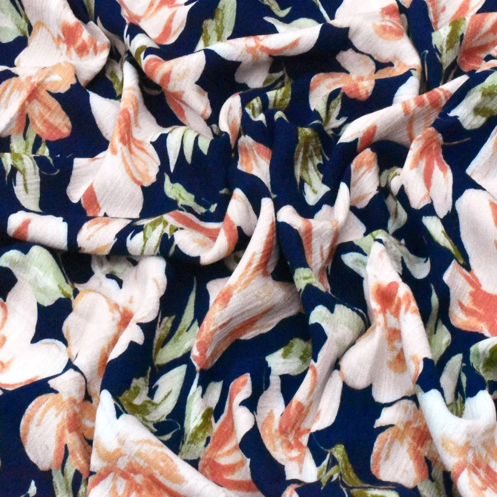 Navy Blue-Orange-Multi Floral Printed Rayon Crepon Woven Fabric