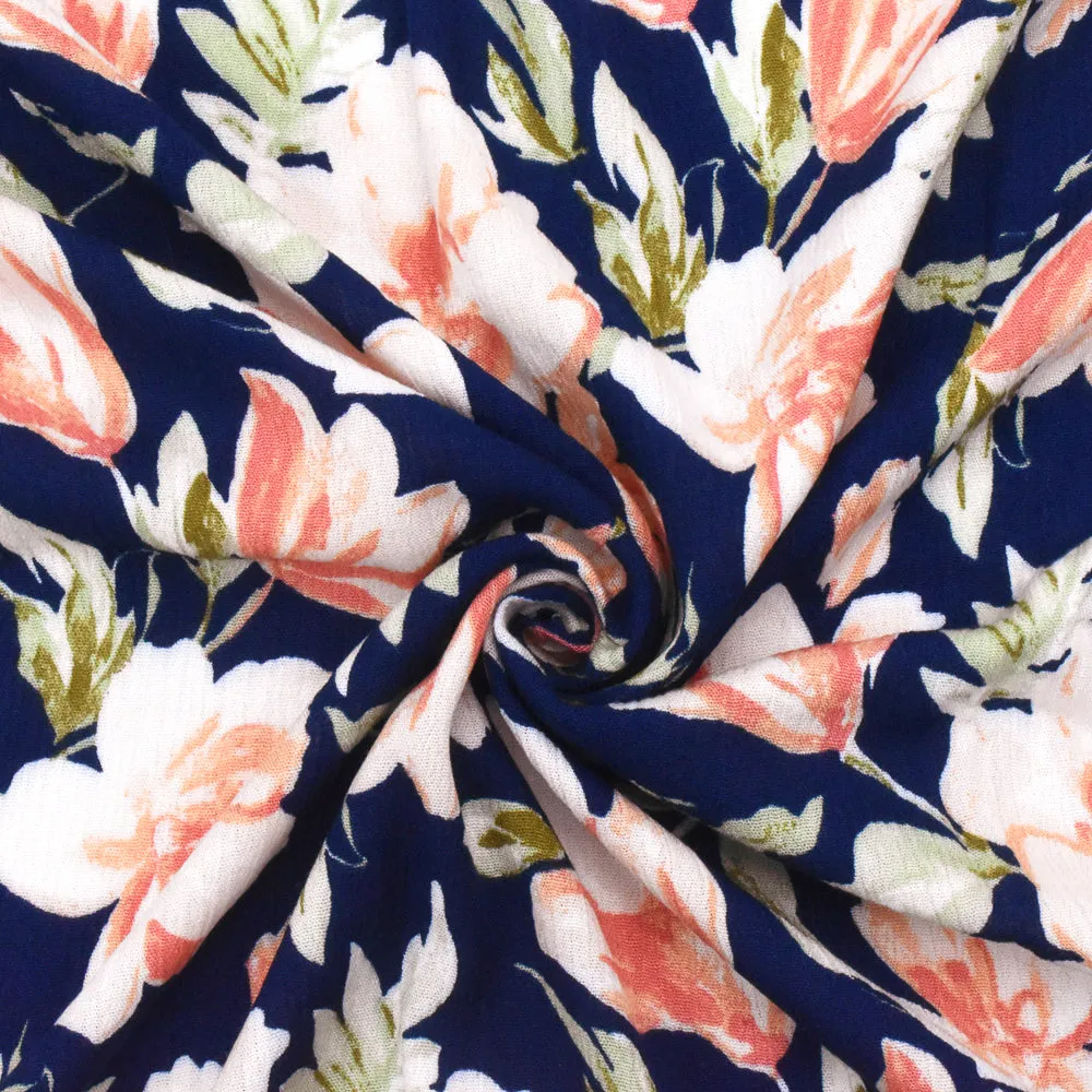 Navy Blue-Orange-Multi Floral Printed Rayon Crepon Woven Fabric