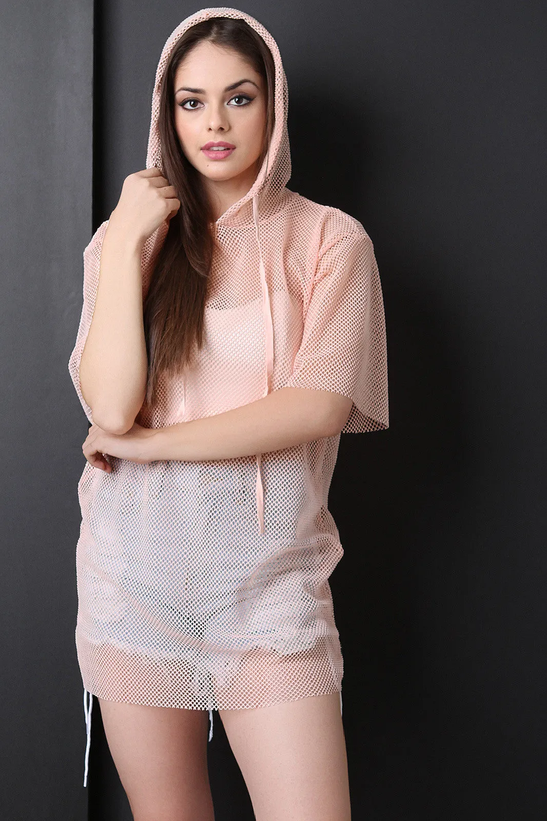 Netted Short Sleeve Hooded Shift Dress