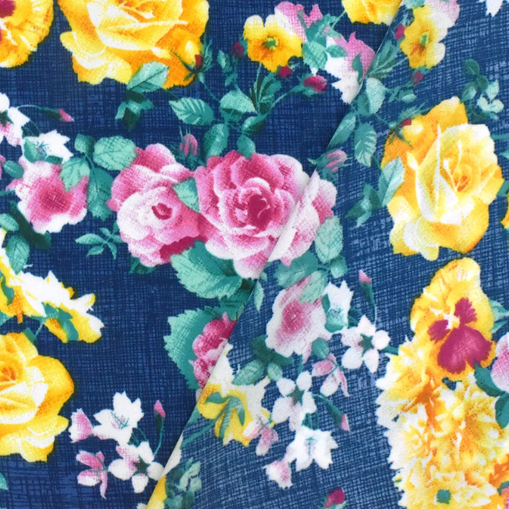 Nile Blue-Yellow-Multi Floral Printed Polyester Georgette Woven Fabric