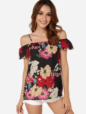 OEM ODM Cold Shoulder Floral Print Short Sleeve Top