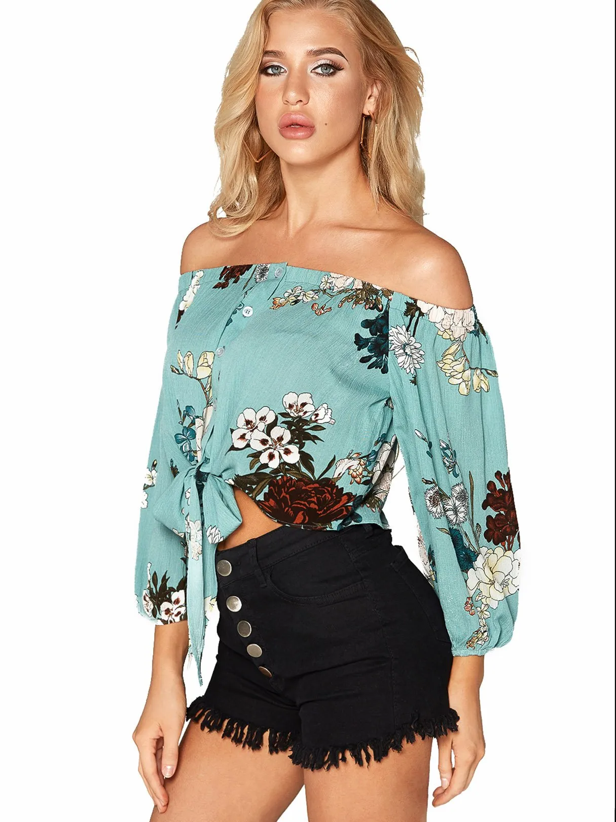 OEM ODM Off The Shoulder Floral Print Lace-Up Long Sleeve Blue Blouses