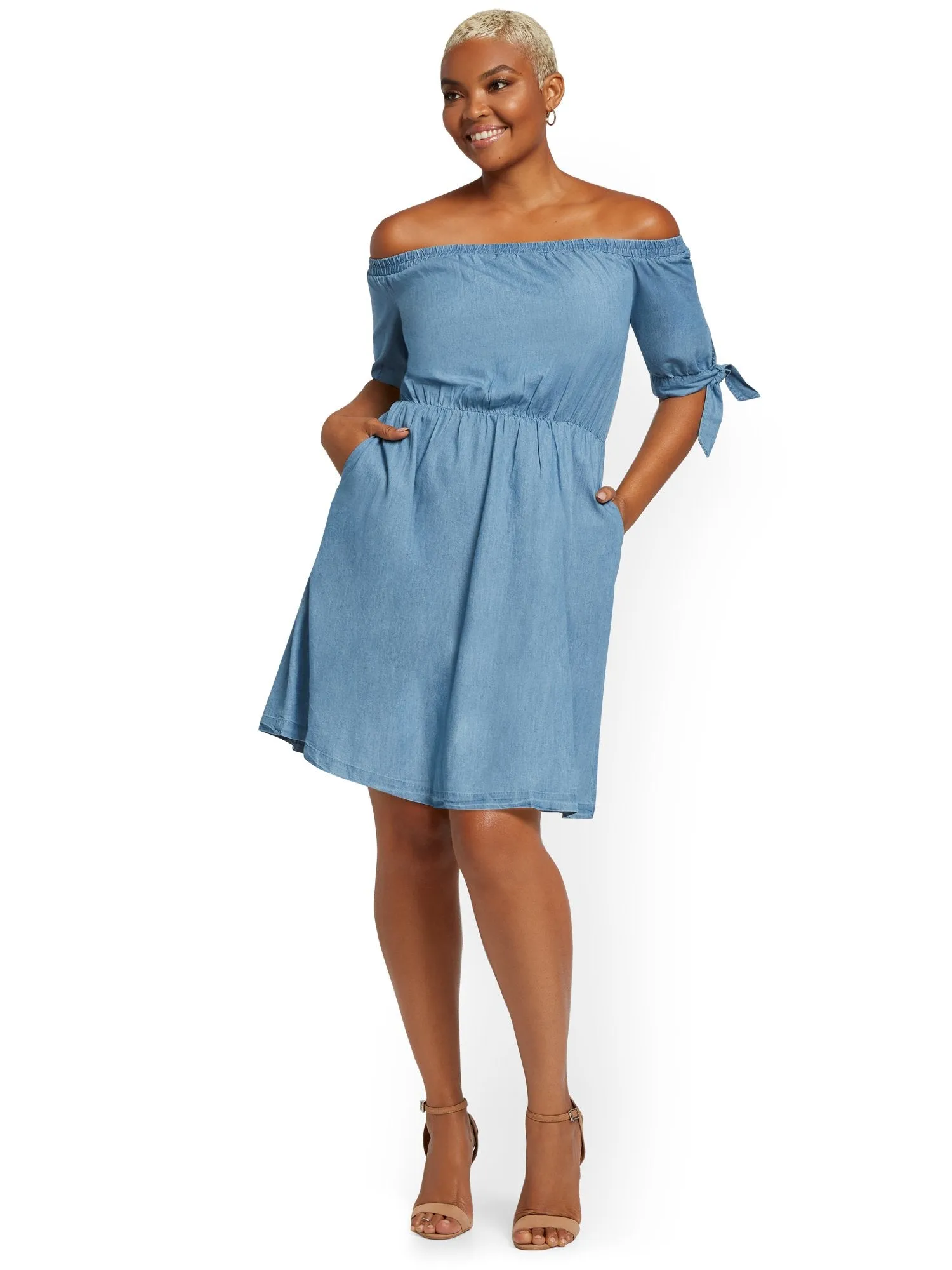 Off-The-Shoulder Denim Shift Dress