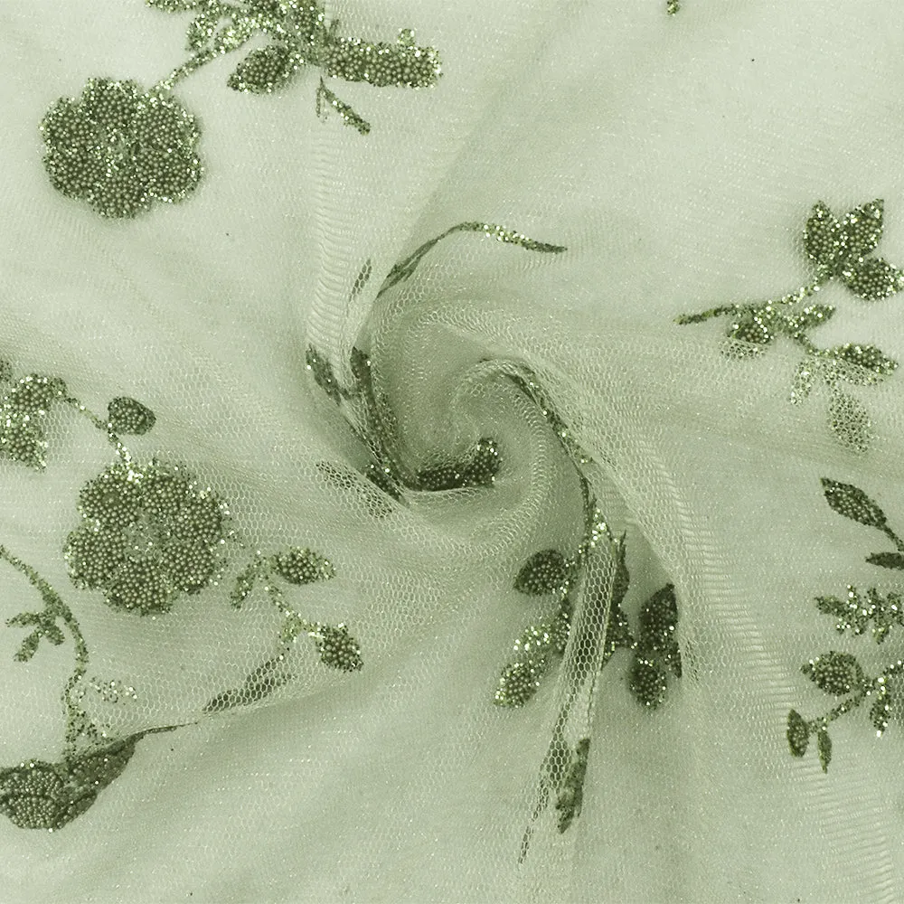 Olive Green Floral Sparkles and Bead Poly Mesh Knit Fabric