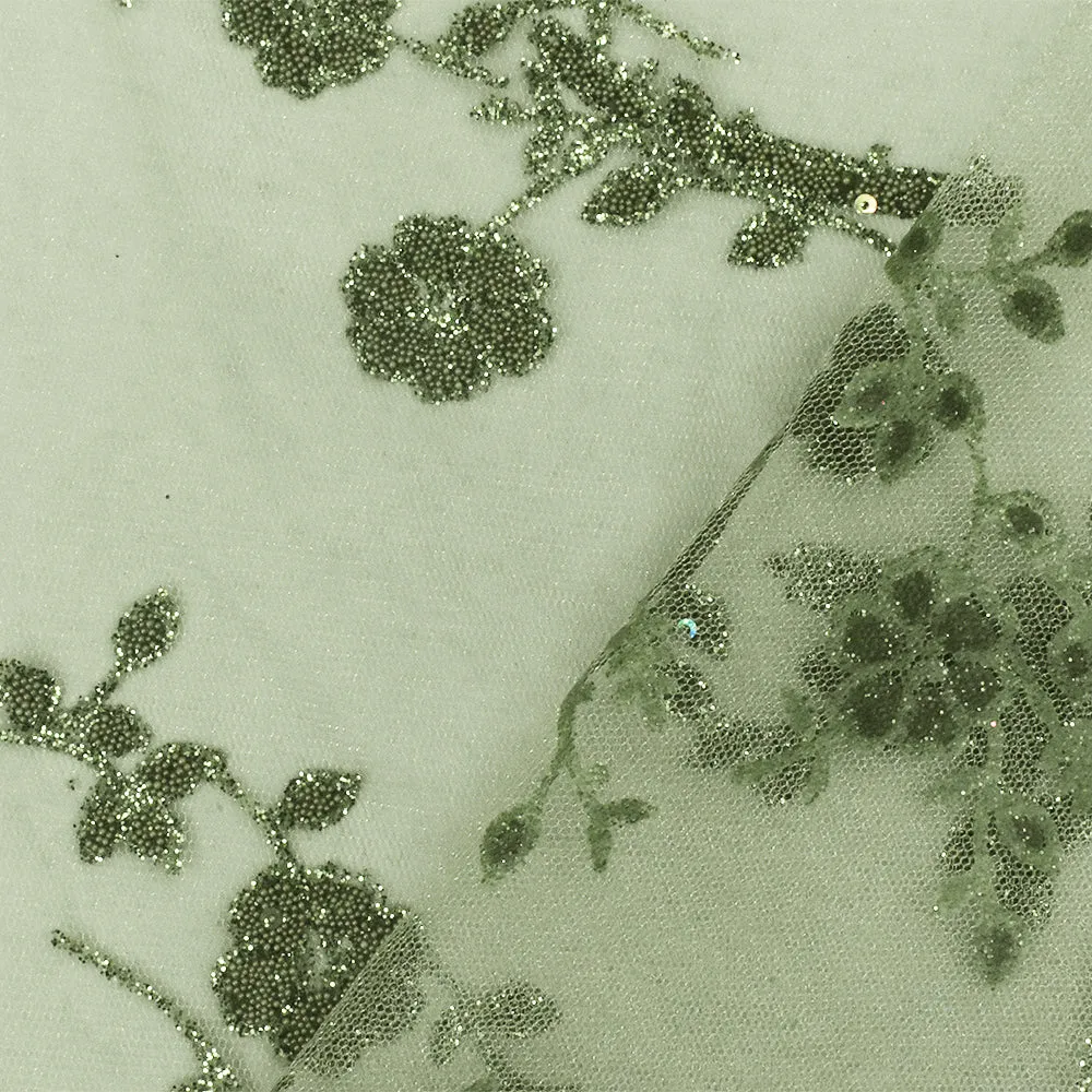 Olive Green Floral Sparkles and Bead Poly Mesh Knit Fabric