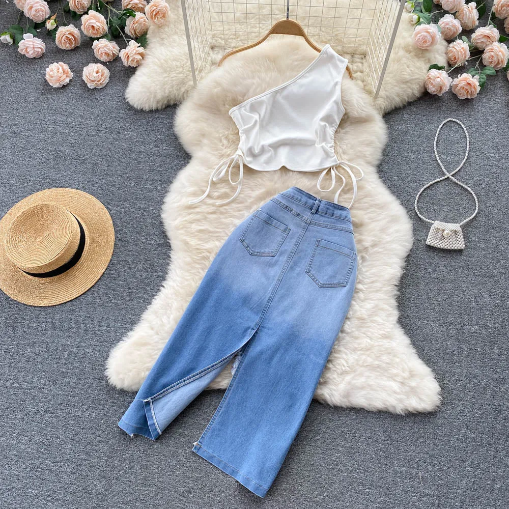 One-shoulder Top&Denim Skirts 2Pcs