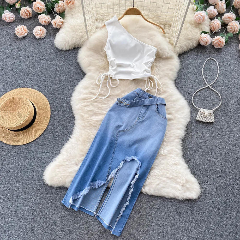 One-shoulder Top&Denim Skirts 2Pcs