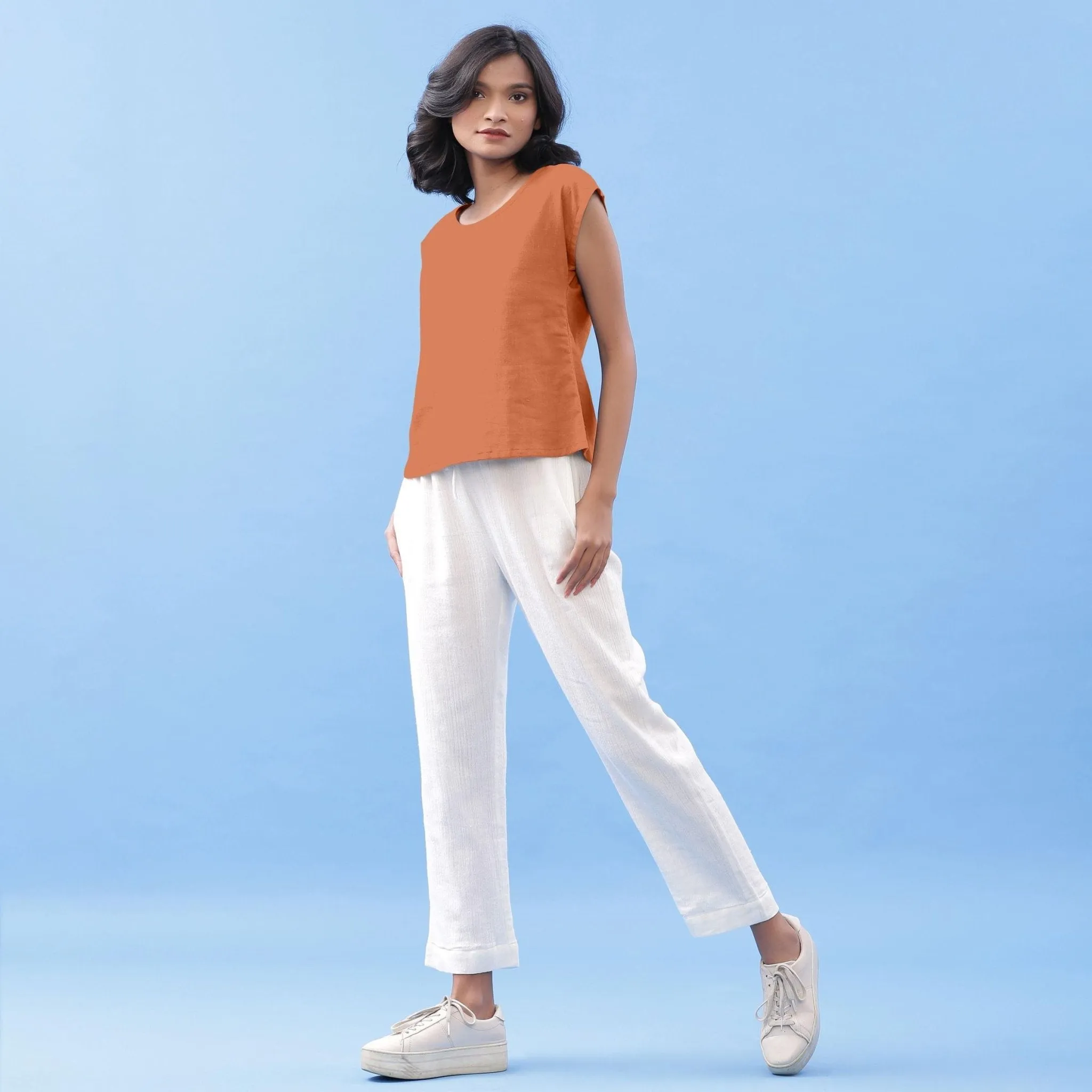 Orange 100% Cotton Round Neck Essential Top