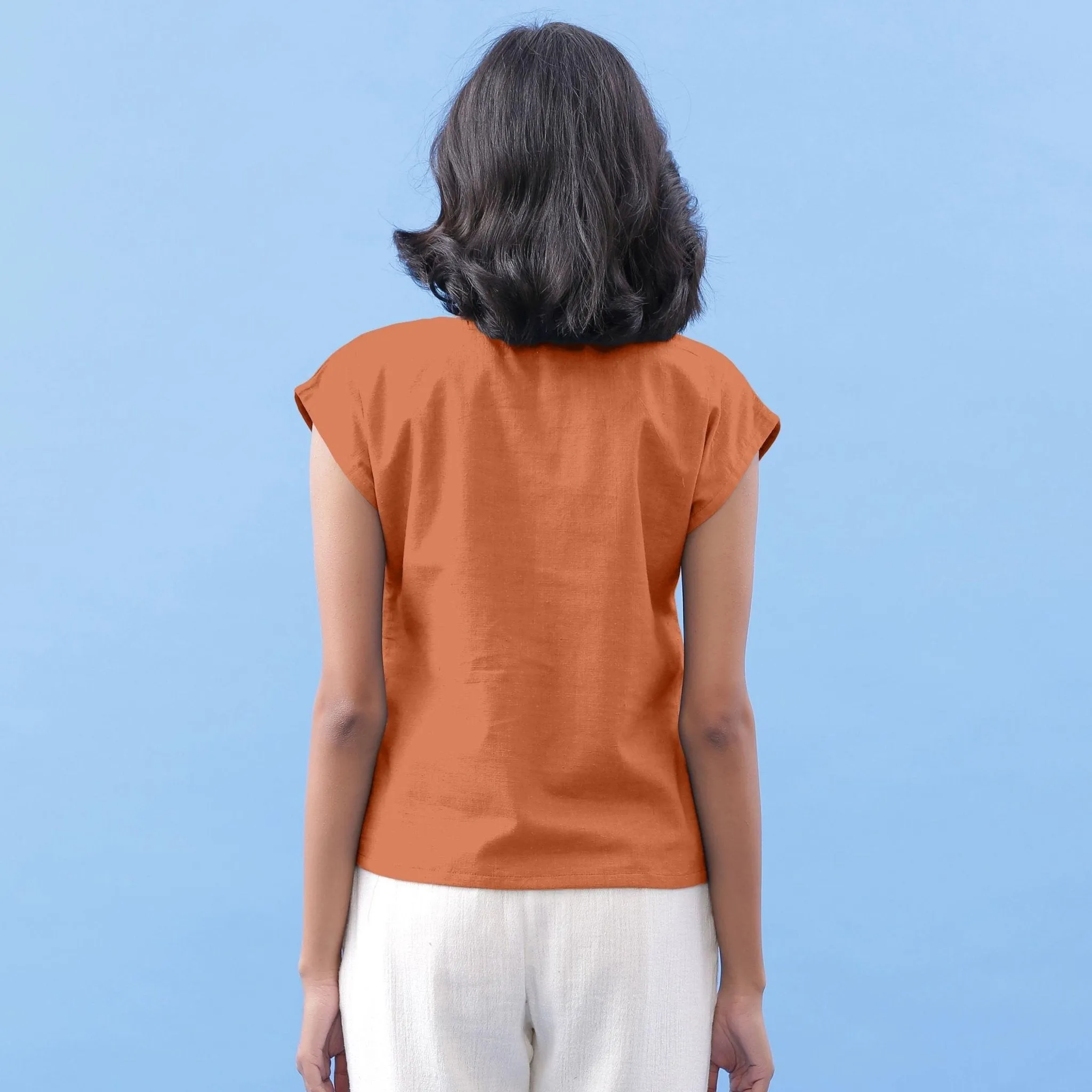 Orange 100% Cotton Round Neck Essential Top