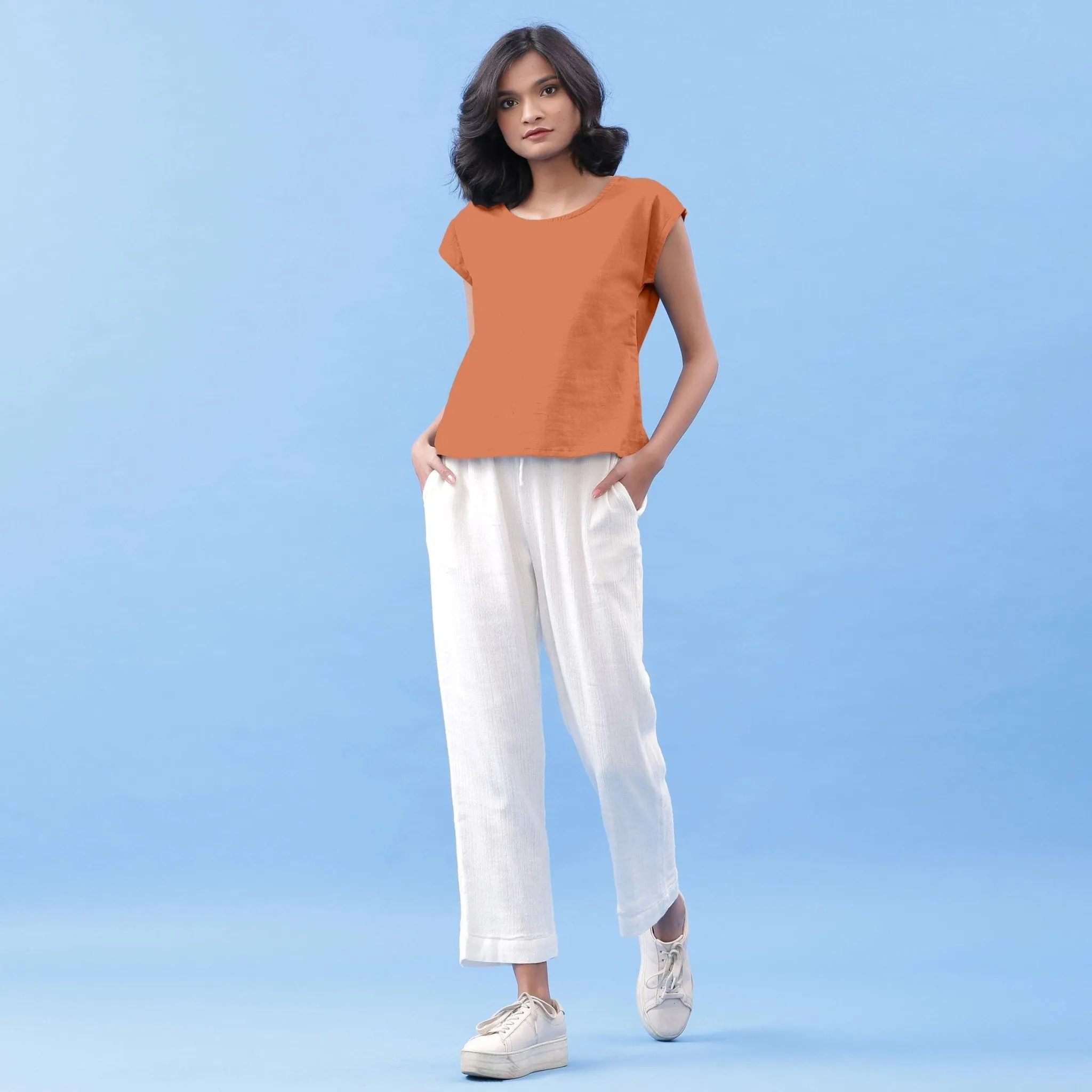 Orange 100% Cotton Round Neck Essential Top