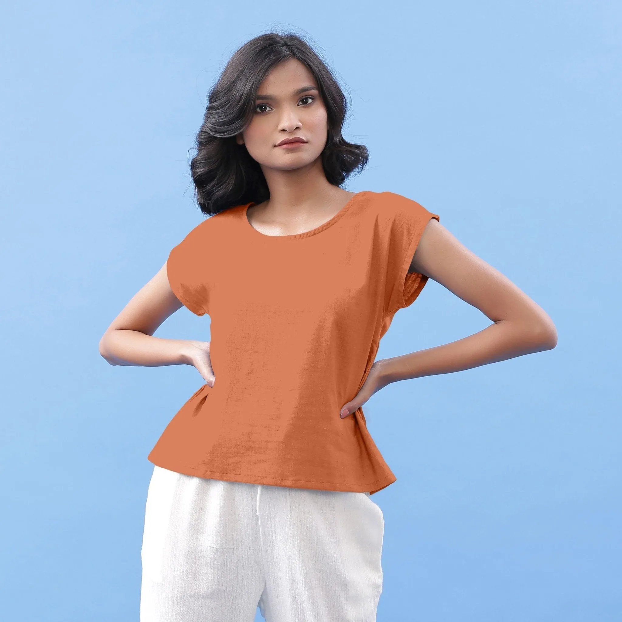 Orange 100% Cotton Round Neck Essential Top