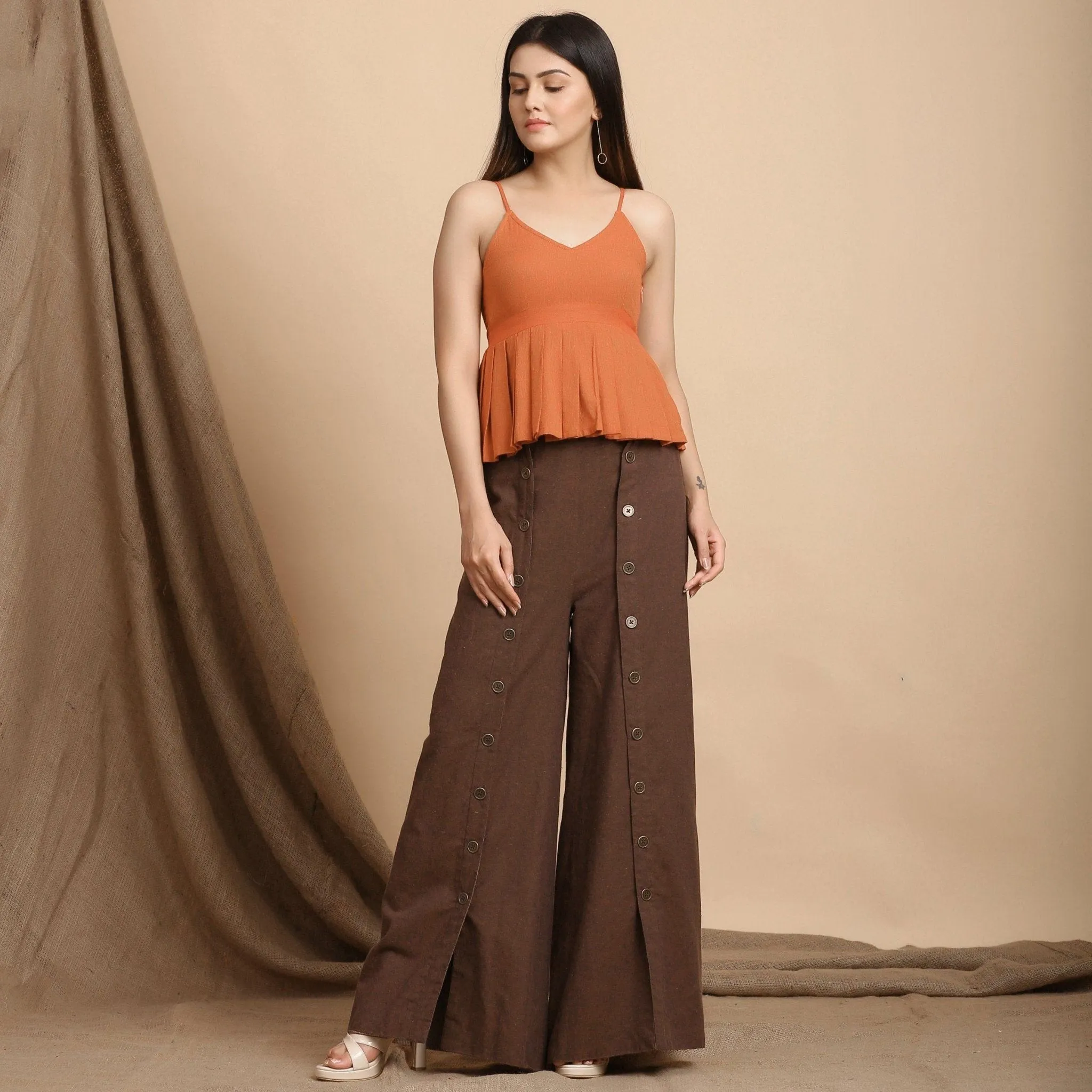 Orange Yarn Dyed Cotton Pleated Camisole Top