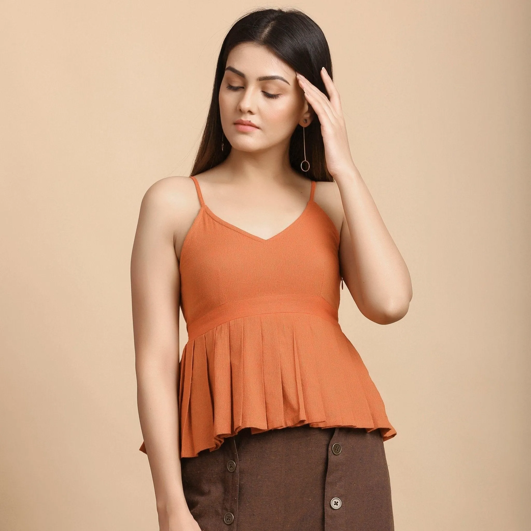 Orange Yarn Dyed Cotton Pleated Camisole Top